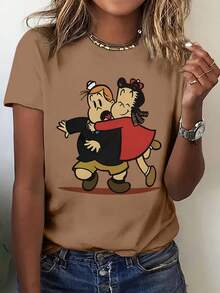 Y2K Women's Stylish T-Shirt With Cartoon Print, Short Sleeves, And A Round Neck, Suitable For All Seasons. | Fashionable Casual Wear |  Letter Print Shirt, A Very Distinctive Design / Unisex Style / Suitable For Both Men And Women / Wrinkle-Resistant / Breathable. - 黑色 - 查看 9