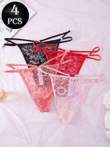 4 pezzi Mutandine da donna sexy di colore unito con stampa floreale, dolci, mature, affascinanti, con inserti in rete trasparente, perizoma a T, eleganti mutandine triangolari in tessuto a maglia, adatte per primavera, estate, autunno, inverno - Multicolore - Visualizzare 8