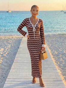 Vestido de manga larga con escote en V profundo a rayas azul y blanco de estilo casual y vacacional para mujer, vestido largo bohemio y sexy para fiestas en la playa y vacaciones de verano - Café rojo con blanco roto - Ver 7