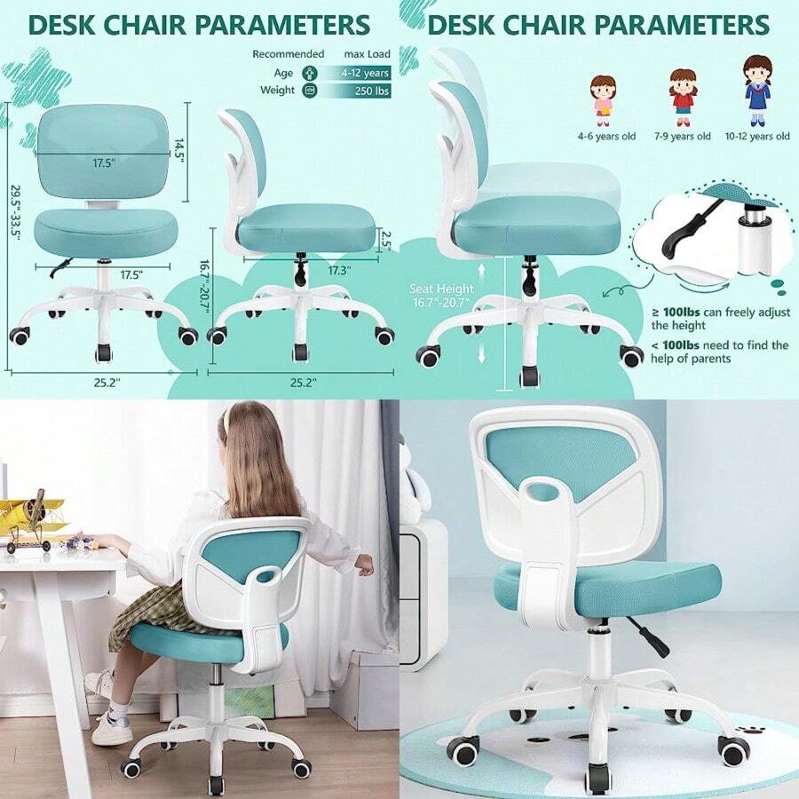Primy - Silla de escritorio para niños, silla de estudio para niños y niñas con altura ajustable, sillas giratorias de malla para tareas y estudiantes para niños de 4 a 12 años, silla de oficina - Verde azulado - Ver 1