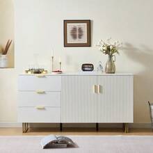 Modern Sideboard With Two Doors And Three Drawers – Elegant MDF Furniture With Gold-Colored Aluminum Alloy And Sturdy Steel Legs, Stylish Storage Space For Your Living Room Or Dining Room – 160 * - 白色 - 查看 12