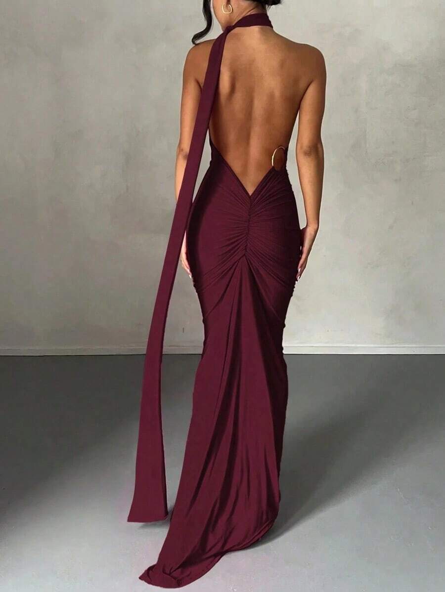 Vestido de fiesta elegante de verano para mujer, de un solo hombro, ajustado y con espalda descubierta, de unicolor - Burdeos - Ver 1