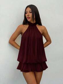 PETITE Vestido mini elegante de mujer de color amarillo claro con cuello halter y lazo, adecuado para fiestas, citas, otoño/invierno, primavera/verano - Café integral - Ver 9