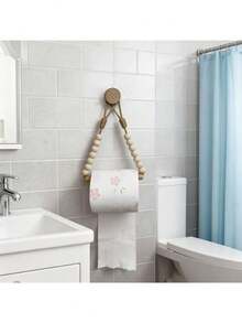 1pc Retro Rope & Wooden Bead Tissue Paper Holder, Nordic Style Wooden Towel Rack For Room Decor, Wooden Rod & Bead Toilet Paper Storage Rack - Multicolor - View 5