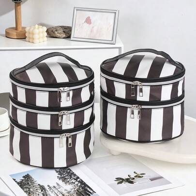 1pc Large Capacity Durable Fabric Minimalist Black & White Striped Print Cylindrical Makeup Bag With Handle, Suitable For Daily Commute Cosmetic Tool Storage