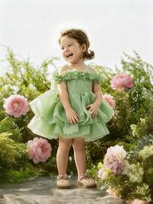 Baby Girl 3D Flower Bow Tulle Princess Party Dress, Suitable For 1st Birthday, Party, Wedding, Formal Occasions - Mint Green - View 4