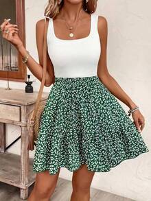 Vestido de vacaciones informal estampado sin mangas con cuello cuadrado elegante y a la moda de verano para mujer - verde - Ver 2