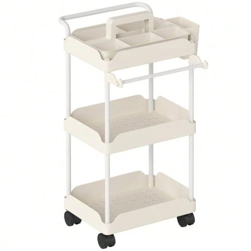 Aufbewahrungswagen, 3 Körbe, Handtuchhalter, Räder, Griff, Metallgestell, Weiss - White - View 1