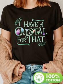 Modern T-Shirt 2026Y-Green With Crystal Magic Phrase Print And Chakra Energy Therapy, Short Sleeve, Round Neck, Casual Top For Summer And Spring, Women's Clothing T-Shirt. - 黑色 - 查看 7