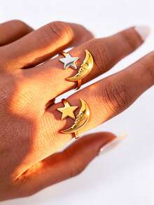 Uself 2pcs/1pc 18K Gold Plated Star & Moon Pattern Rings, Stainless Steel Open Rings For Women, Celestial Theme Jewelry With Low Allergy, Suitable For Night Out And Festivals, Western Style Jewelry, Women's Jewelry, Holiday Gift, Women's Brand - Multicolor - View 2