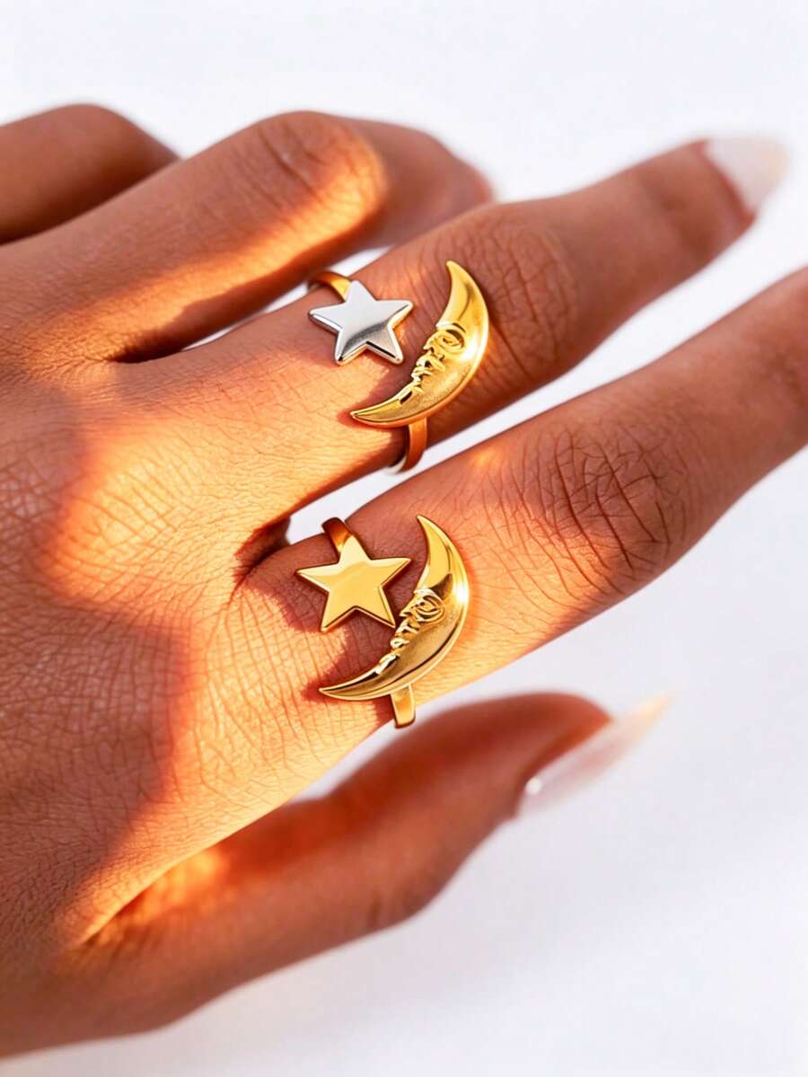 Uself 2pcs/1pc 18K Gold Plated Star & Moon Pattern Rings, Stainless Steel Open Rings For Women, Celestial Theme Jewelry With Low Allergy, Suitable For Night Out And Festivals, Western Style Jewelry, Women's Jewelry, Holiday Gift, Women's Brand