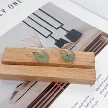 Natural Jade Earrings Women 18k Gold Plated Geometric Round Green Jade CZ Dangle Drop Earring Fashion Vintage Style Elegant Wedding Statement Delicate Jewelry Mother - Mặc định - Xem 5