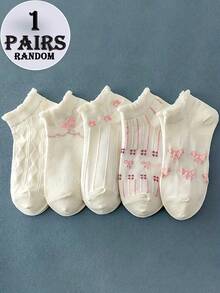 1/5 Pair Random Women Milky White & Pink Bowknot Frill Edge Soft High Elasticity Non-Binding Cute Casual Boat Socks - Multicolor - View 6