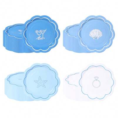10pcs/20pcs/40pcs Coastal Party Blue Scalloped Paper Plates, 7-Inch Disposable Decorative Plates With Seashell, Starfish And Circular Patterns, Suitable For Bridal Shower, Beach Party, Wedding, Birthday, Bridal Shower, Light Blue And White Disposable Party Supplies