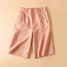 Pantalones Cortos Casuales de Lino y Algodón Ligero para Mujer, de Pierna Ancha, Cintura Alta, Largo Cinco Cuartos, Versátile... - Rojo ladrillo - Ver 1