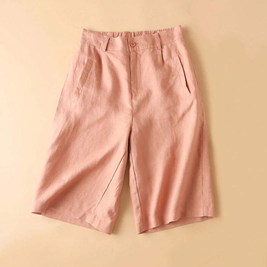 Pantalones Cortos Casuales de Lino y Algodón Ligero para Mujer, de Pierna Ancha, Cintura Alta, Largo Cinco Cuartos, Versátile... - Rojo ladrillo - Ver 1