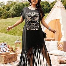 LUNE Plus Size Women Western Style Festival Casual Vacation Music Festival Placement Floral Print Fringe Hem Long Sleeve Dress, Spring/Summer - Gris - Ver 5