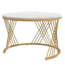 2-In-1 Round MDF Coffee Table, Side Table With Marble Top And Synthetic Rattan Drawers, Solid Wood Handles. Gold Iron Legs. 70 X 70 X 45.5 + 50 X 50 X 38.5 Cm - White - View 10
