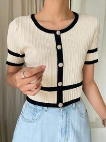 Top de punto tipo cárdigan para mujer, estilo elegante con botones y ribetes de contraste, ideal para primavera/verano - Beis - Ver 9