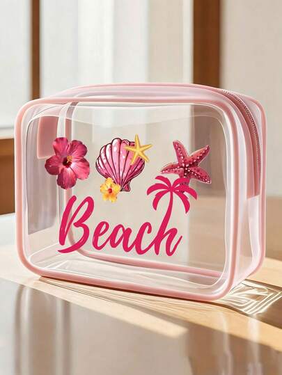 Floral & Shell Pattern PVC Waterproof Beach Bag, PVC Cosmetic Bag, PVC Travel Organizer Pouch With Zipper - Lightweight, Fade-Resistant Makeup And Toiletry Bag, Unisex, TSA-Approved Portable Cosmetic Case, Easy-To-Wipe Design, Ideal For Mothers, Teachers, Friends, Nurses, School And Vacation, Mother's Day Gift, Summer Essential