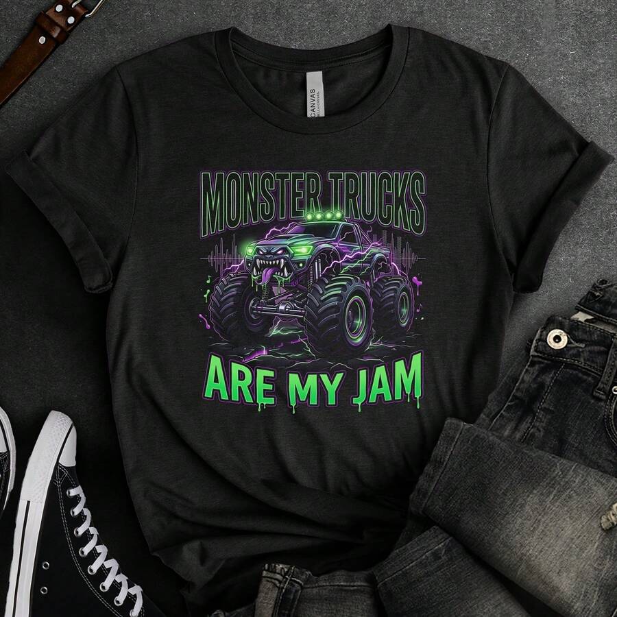 Monster Trucks Are My Jam T-Shirt _ Neon Green Purple Kids Tee - Black - View 1
