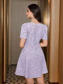 Vestido corto de jacquard lila para mujer, cuello asimétrico y manga corta abullonada, elegante para salidas y citas - Azul - Ver 9