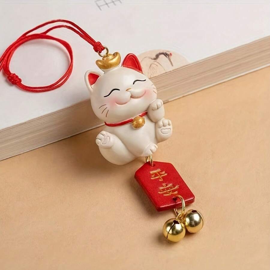 Lucky Cat Car Ornament - Resin Auspicious Pendant For Rearview Mirror, Creative Car Interior Accessory And Gift - The Waving Cat - View 1