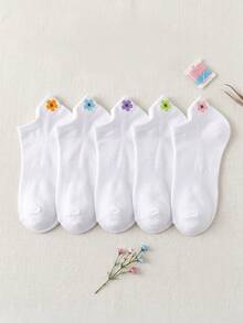 1/5 par damers båtsockor med ögleform för öronen, slumpmässig blombroderi och enfärgad design, mode för vår/sommar, mjuka, bekväma, andningsbara, avslappnade och mångsidiga, lämpliga för daglig användning - Multifärgad - Visa 3