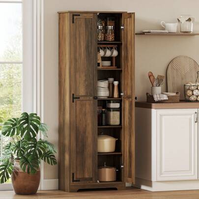 HOMCOM 67" Farmhouse Pantry Cabinet, Tall Kitchen Pantry With Adjustable Shelves, Freestanding Storage Cabinet With Recessed Doors, Brown Wood Grain