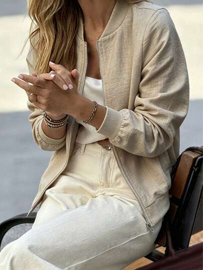 Chaqueta de béisbol de unicolor para mujer con bolsillos, cortavientos casual y ligero para vacaciones, cómodo para primavera/verano