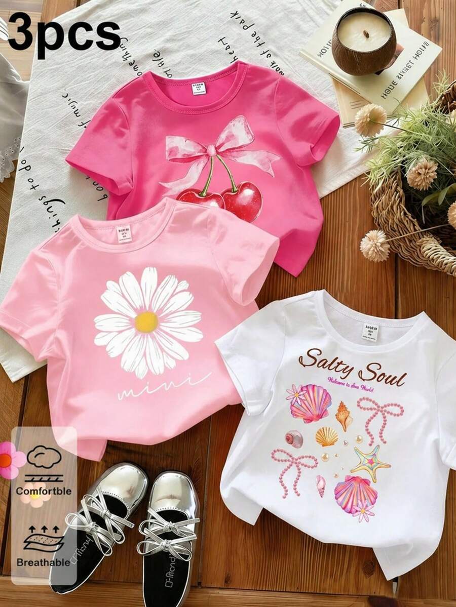 Set de 3 camisetas de niña con estampado de dibujo animado de capibara, de cuello redondo y manga corta para el verano - Gris - Ver 1
