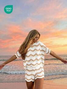 Conjunto de 2 piezas de top de manga corta con tejido de ganchillo hueco y shorts casuales, estilo europeo y americano de moda para mujer en primavera y verano para vacaciones en la playa - Multicolor 4 - Ver 10
