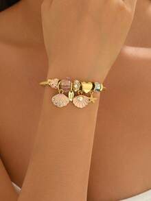 1 chiếc vòng tay nữ bằng thép không gỉ mạ vàng 18K, mặt dây chuyền hình vỏ sò và sao biển kiểu đại dương, có thể điều chỉnh kích thước, phụ kiện đa năng cho kỳ nghỉ biển. - Màu hồng - B1465 - Xem 3