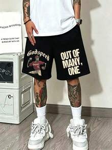 Men's And Women's All-Purpose Sports Shorts, With An American Street Style, Featuring A Baseball Skull Print Design. Black Drawstring Shorts, Embodying Street Fashion, American Casual Style, Loose Fit, High Street Look. These Are The Essential Casual Shorts For The Street. - 黑色 - 查看 1
