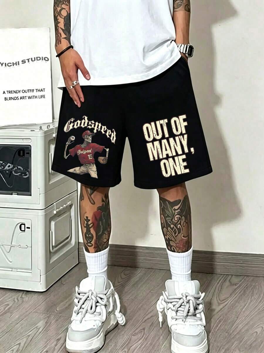 Men's And Women's All-Purpose Sports Shorts, With An American Street Style, Featuring A Baseball Skull Print Design. Black Drawstring Shorts, Embodying Street Fashion, American Casual Style, Loose Fit, High Street Look. These Are The Essential Casual Shorts For The Street. - 黑色 - 查看 1