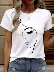 Soft 100% Cotton T-Shirt, 1 Piece, Plus Size Fashion Blouses, Graphic Print Round Neck T-Shirt, Women's Graphic Tees, Breathable Cotton Blouse, Goes With Everything, Great. - 白色 2 - 查看 6