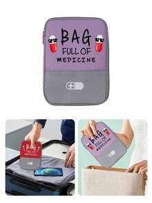 印有「BAG FULL OF MEDICINE」與藥丸圖案的便攜式醫療包，便攜式露營藥袋，精巧急救包，旅行與居家便攜收納袋版本，小型藥袋，便利包，緊急救護包 - 彩色 - 查看 6