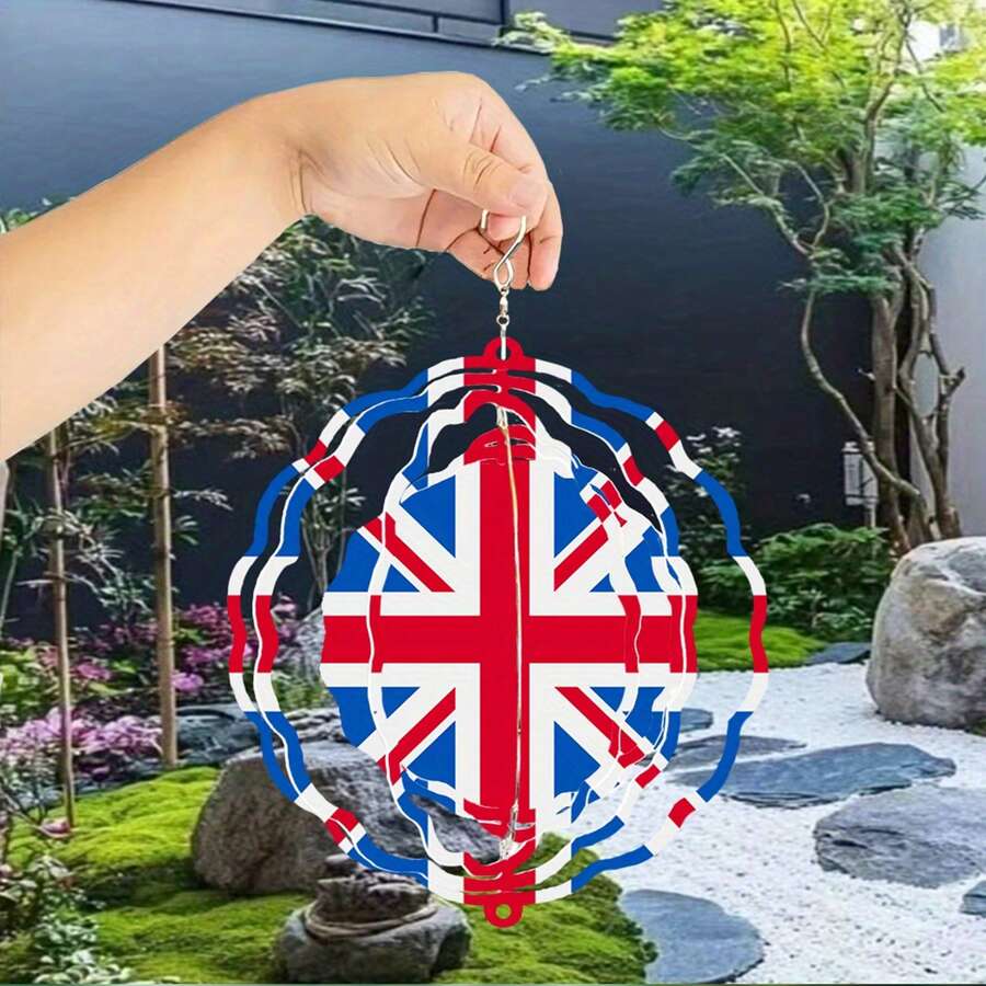 英国国旗图案2D打印金属风铃，360°无限旋转挂钩，双面印刷，无需用电，户外花园露台装饰，多功能装饰，适用于花园、露台和室内空间，理想的户外礼物，户外风铃，教师节礼物，国旗日礼物（9.84英寸*9.84英寸），（不含吊坠），款式随机。