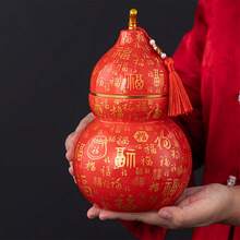 陶瓷福字葫芦罐，适合家居节日装饰、中国新年、家居摆设、桌面摆件、茶室橱柜摆件、玄关展示、乔迁新居礼物 - 查看 4