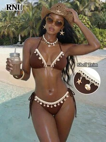 RNU Vintage Brown Lace Trim Spaghetti Strap Bikini 2-Piece Set, Elegant Handmade Bow Tie Side Strap Thong Swimsuit, Retro Boho Style Women's Swimwear, Romantic Crochet Hollow Out Beach Dress, Perfect For Tropical Summer Vacation, Beach Pool Party, Seaside Holiday, Resort Wear, High-Waisted Y2K Style Swimsuit, Women Casual Swimwear - Brown - View 7