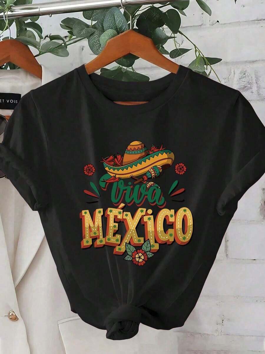 ropa de mujer Camiseta de manga corta con cuello redondo para mujer, informal, para verano, ocio, playa, vacaciones en crucero - Estampado vibrante VIVA MEXICO con sombrero y maracas, camiseta ligera de verano, lavable a máquina, ropa versátil para la calle y vacaciones, camiseta mexicana, comodidad diaria, diseño festivo, camisa de corte relajado, camisas de mujer - Negro - Ver 1