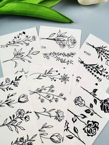 6pcs Ins Style Artistic Temporary Tattoo Stickers, Minimalist Black Patterns With Rose & Lily Elements, Suitable For DIY Hand, Shoulder, Back, Waist Daily Decoration, Photography, Dates, Travel And Daily Life,Sketch Style - Black - View 6