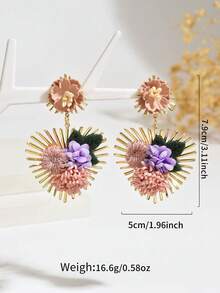 1 Pair Unique Beautiful Beach Style Sunflower & Heart Earrings, Elegant Design Floral Heart Drop Earrings Suitable For Women's Daily, Vacation, Party Wear - Pink - View 3