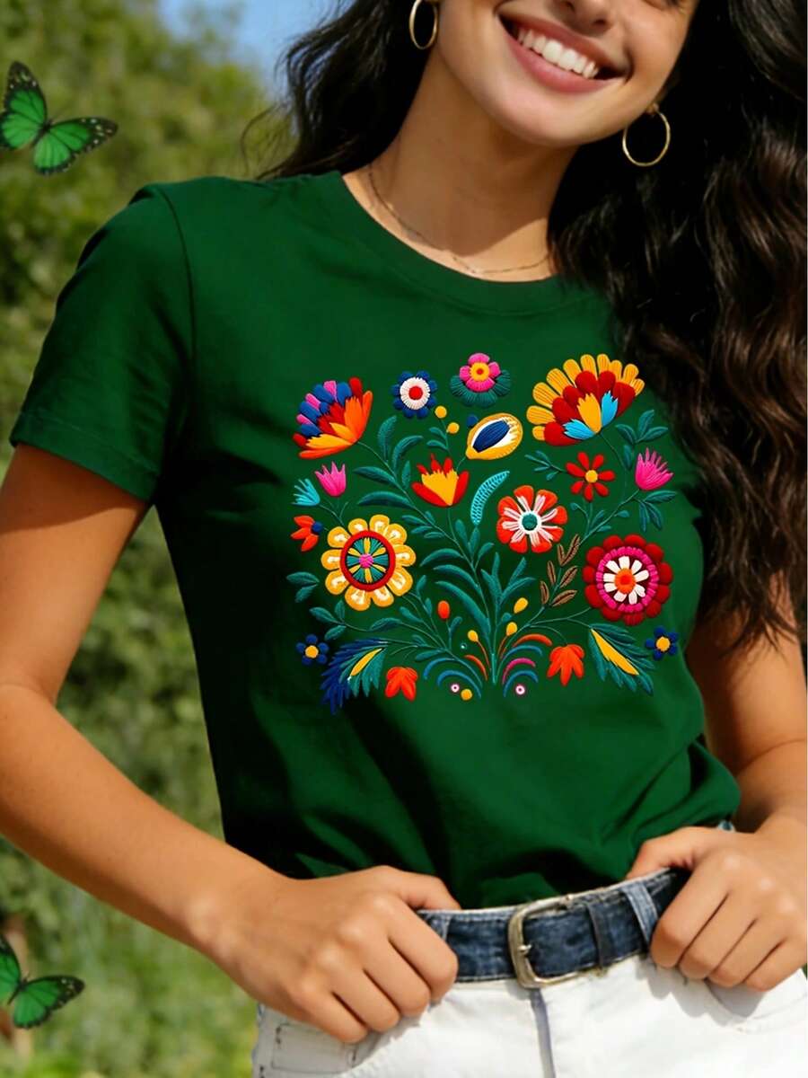 Mexican-Style T-Shirt With A Colorful Floral Print Featuring Festive Motifs, Casual Short-Sleeved Top With A Round Neck For Women. DWRM - 墨綠色 - 查看 1