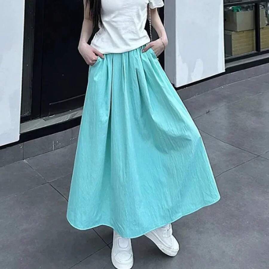 Faldas Largas Coloridas de Moda para Mujer Verano 2026, Vestido Elástico Cómodo y Versátil para Chicas, Faldas Informales para Vacaciones - verde menta - Ver 1