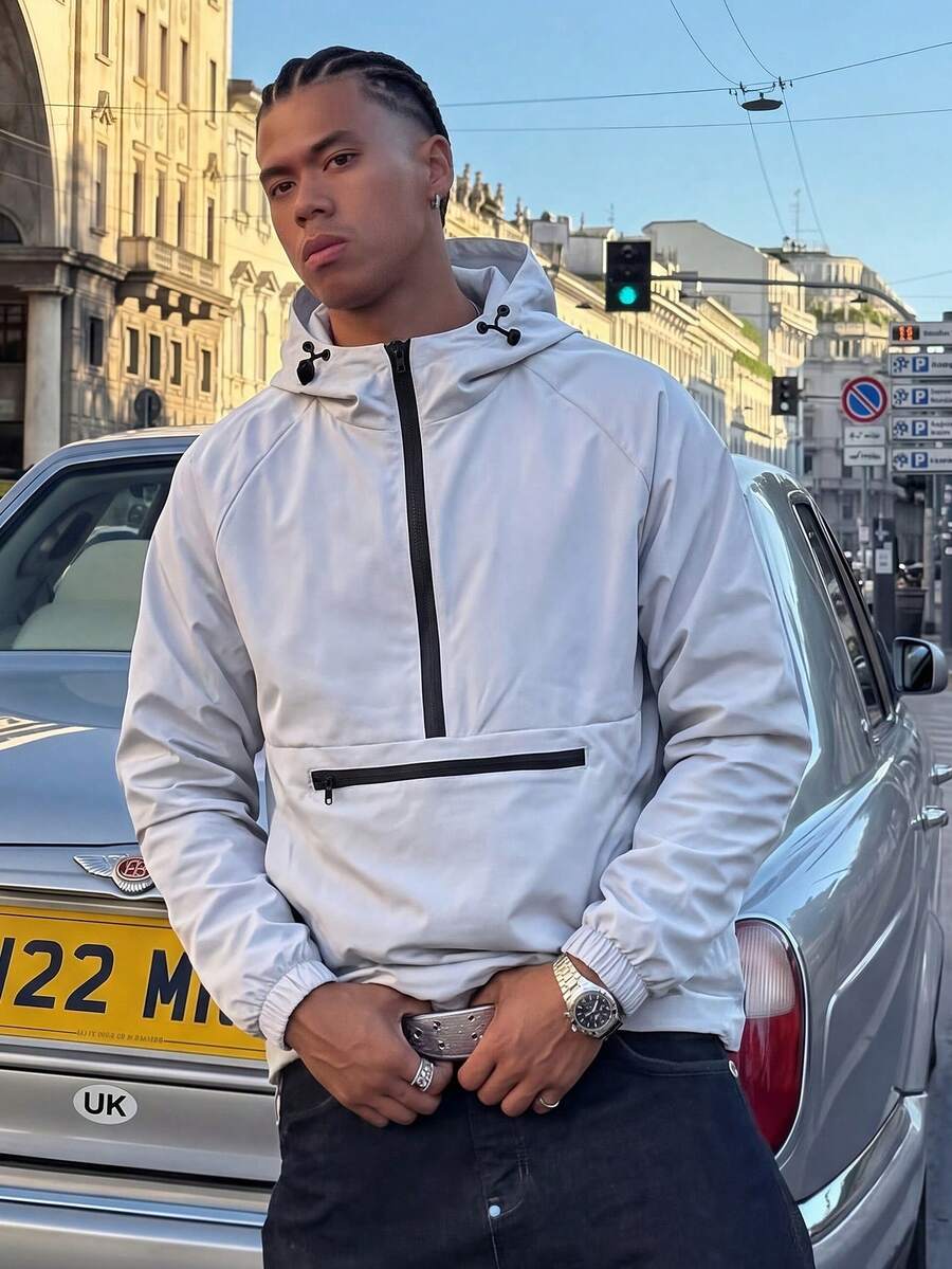 Men's Minimalist Fashion Casual Versatile Half-Zip Hoodie Jacket, Lightweight Hooded Black Long Sleeve Jacket For Outings, Suitable As Gift For Friends, Husbands, Boyfriends - Light Grey - View 1
