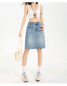 Women's High Waist Denim Midi Skirt Slim Fit Embossed Retro Style Casual Spring Summer Skirt - Blue - View 2