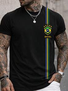 Camiseta Masculina Blusa Brasil 3 Listra T-shirt Verão Manga Curta Camisa Algodão Premium - Preto - Visão 1