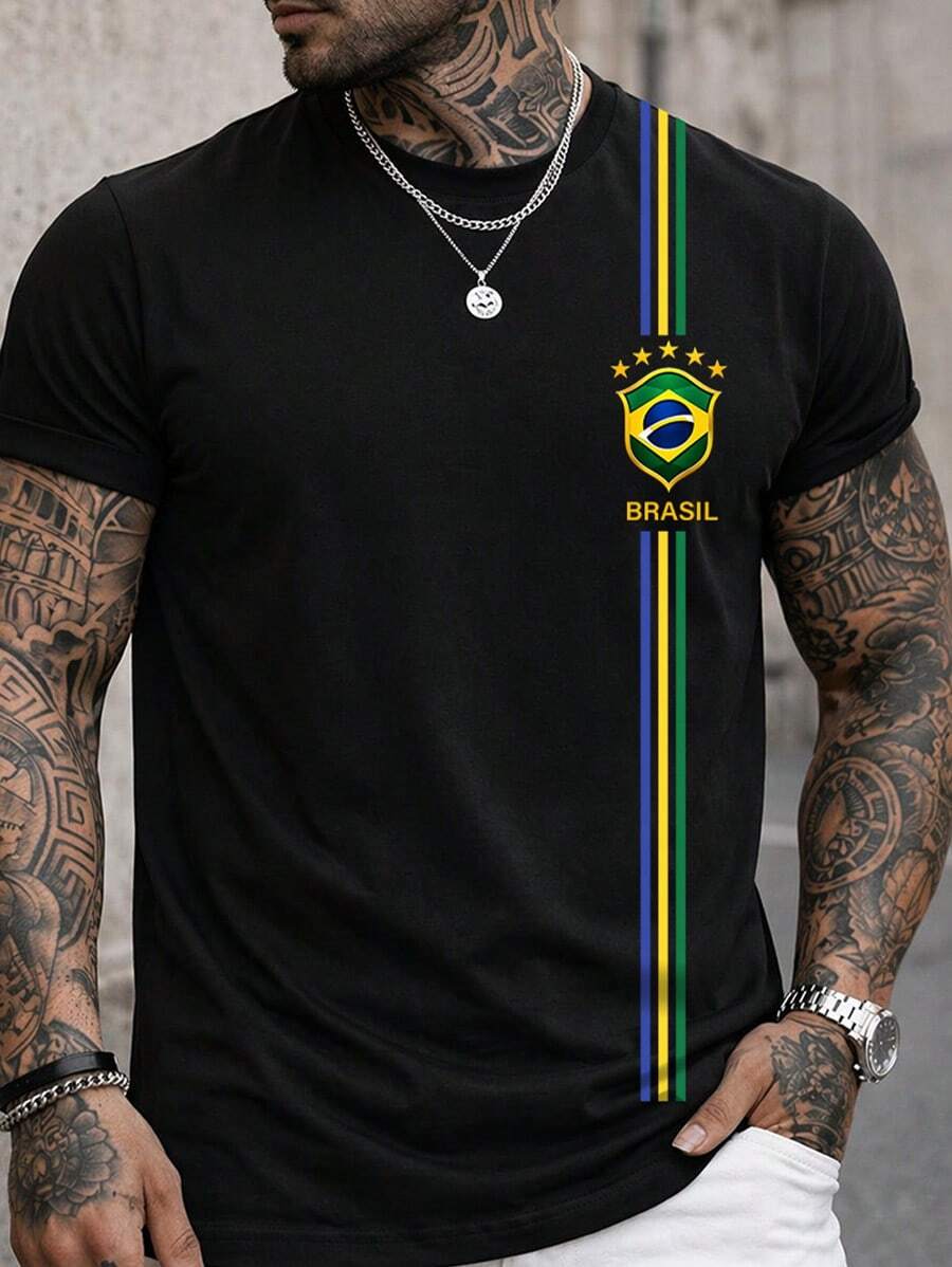 Camiseta Masculina Blusa Brasil 3 Listra T-shirt Verão Manga Curta Camisa Algodão Premium - Preto - Visão 1