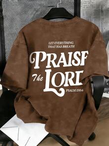 1pc Round Neck Short Sleeve T-Shirt, Printed With Simple English Graphic, New Comfortable Summer Top - Brown - View 2